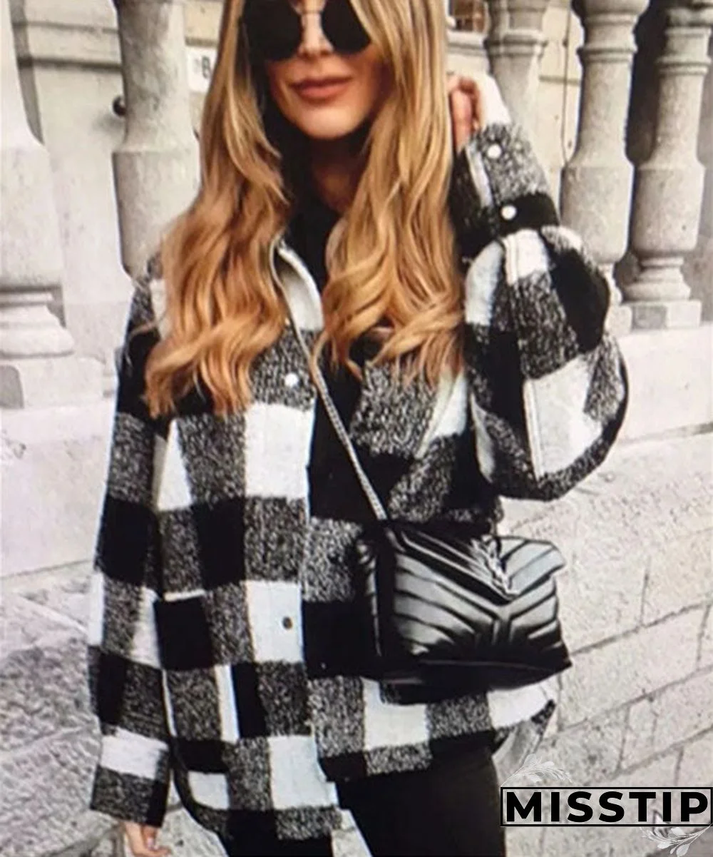 Classic Thick Colorblock Checked Button Down Shirt Jacket Woolen