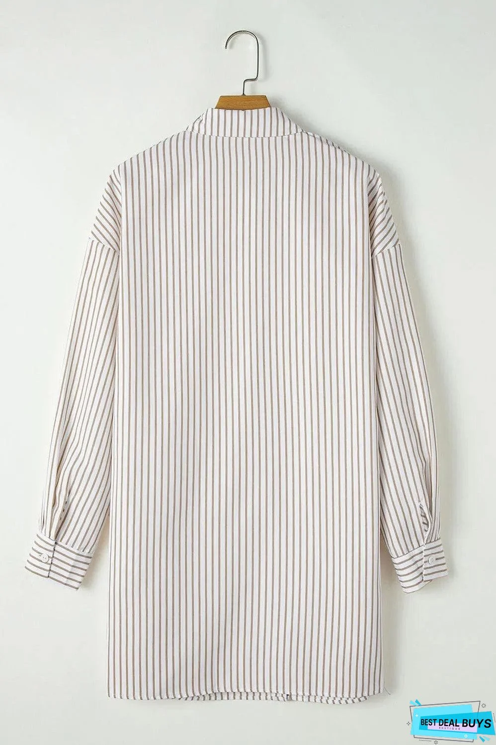 Khaki Stripe Long Sleeve Button Up Mini Shirt Dress