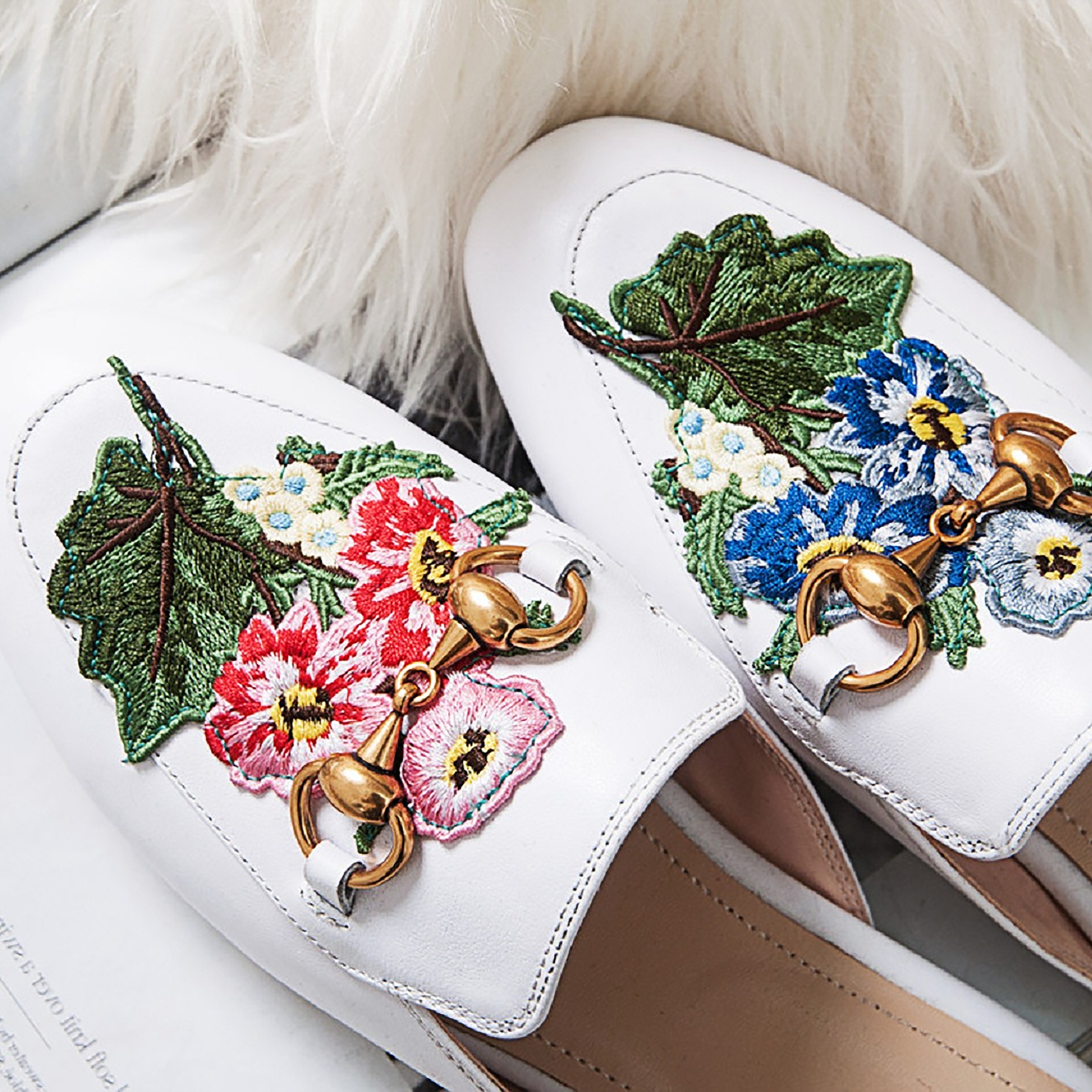 White Mandarin Duck Flower Metal Buckle Flats Mules Shoes-vocosishoes