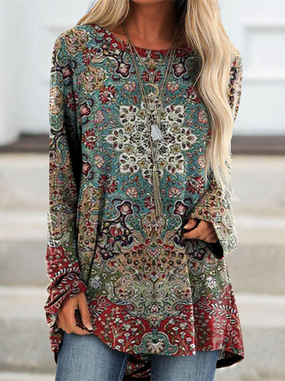 Women Long Sleeve V-neck Graphic Floral Printed Top
