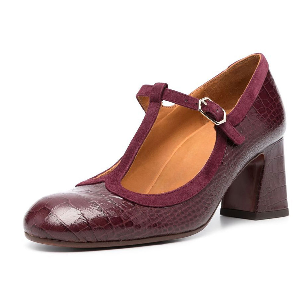 Maroon T-Strap Crocodile Embossed Round Toe Block Heel Pumps Shoes Nicepairs