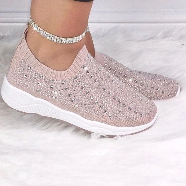 White Women Sneakers Rhinestone Elastic Band Running Shoes Fashion Comfortable Platform Women's Slip-ons Tennis Female Sneakers