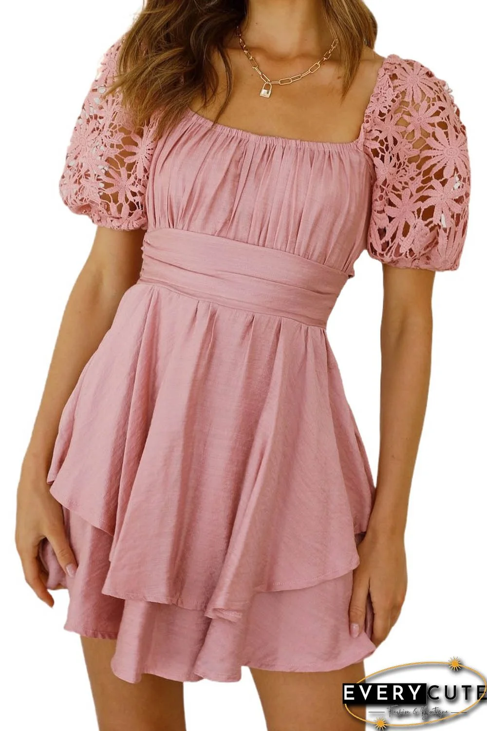 Pink Lace Sleeve Smocked High Waist Mini Dress