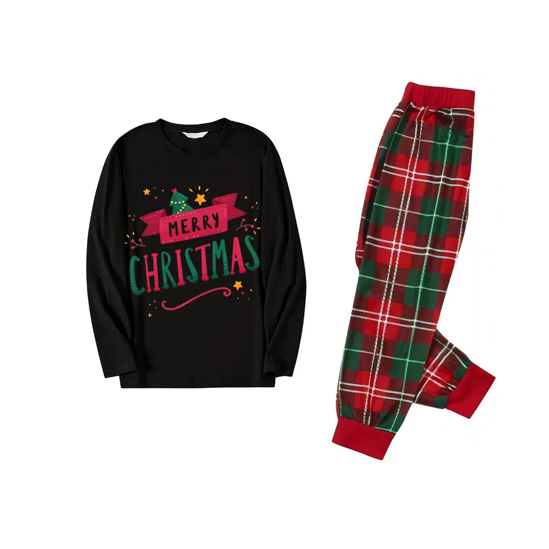 "Merry Christmas" With  Ribbons - Black Top with Red & Green Plaid Pants Family Matching Pajama
