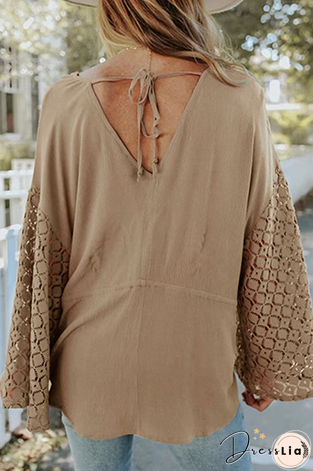 Casual Solid Lace Frenulum Buckle V Neck Tops