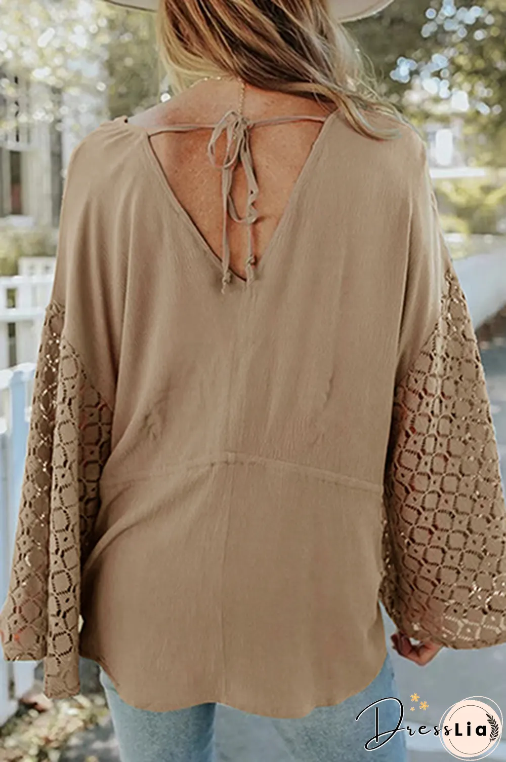 Casual Solid Lace Frenulum Buckle V Neck Tops