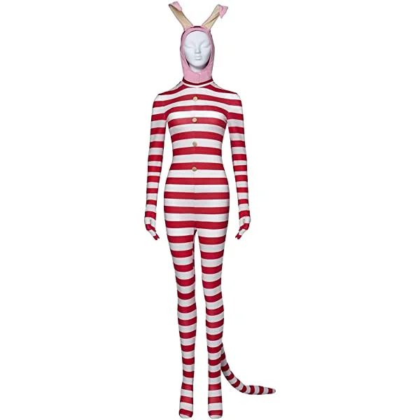 Women's Popee the Performer Cosplay Costume Popee Striped Bodysuit with Ears Halloween Christmas Outfit Large Red Striped