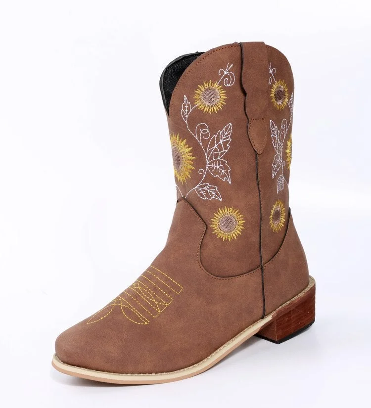 Women's Boots Sunflower Embroidery Rider Boots Cowboy Boots