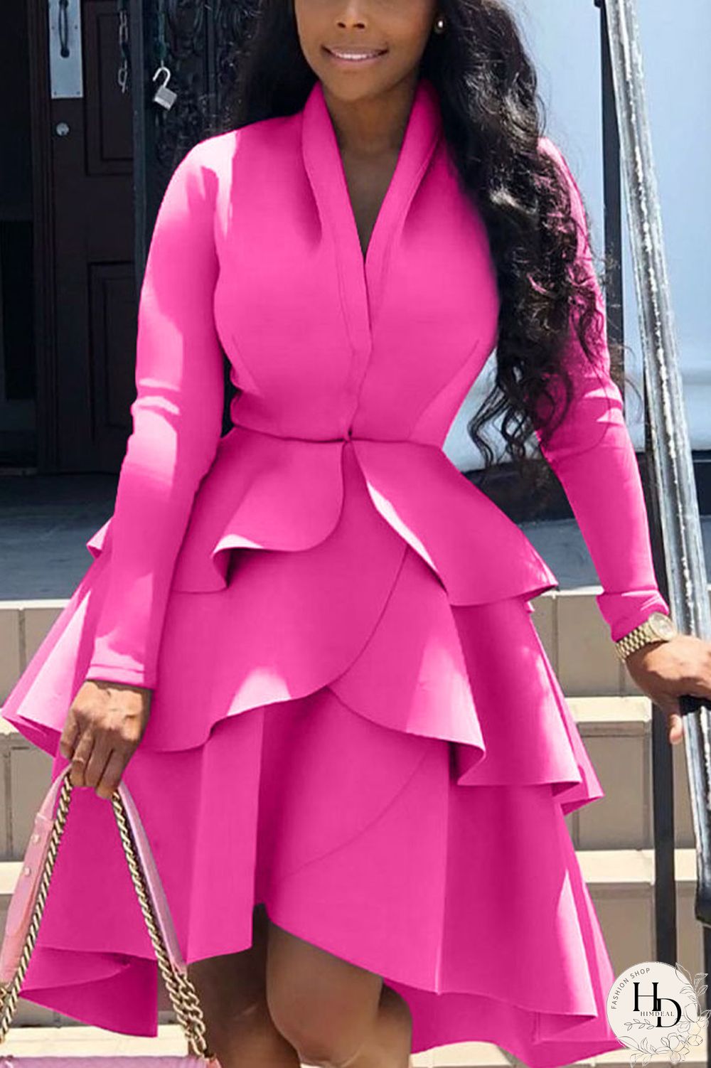 rose red Casual Solid Flounce V Neck Dresses