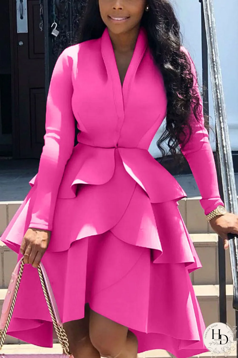 rose red Casual Solid Flounce V Neck Dresses