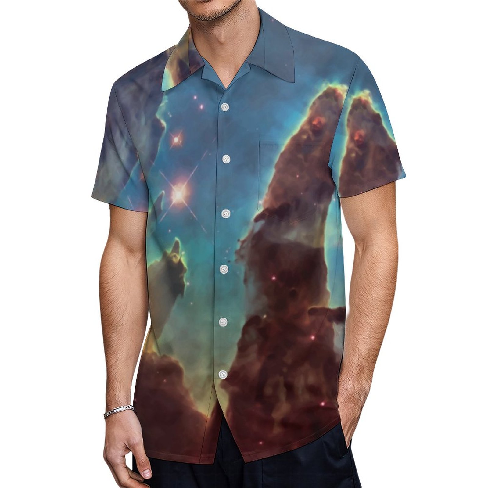 Pillars Of Creation From Hubble Telescope Hawaiian Shirt Mens Button Down Tropical Hawaii Beach Shirts
