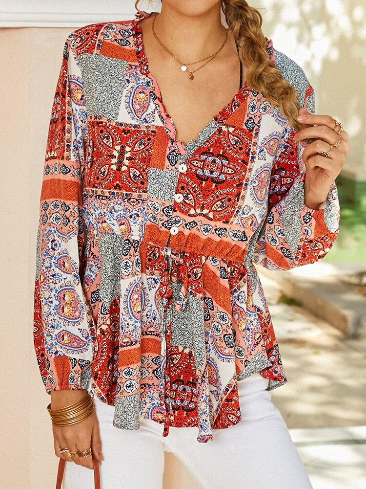 Bohemian Print V neck Button Elastic Waist Blouse For Women P1814168