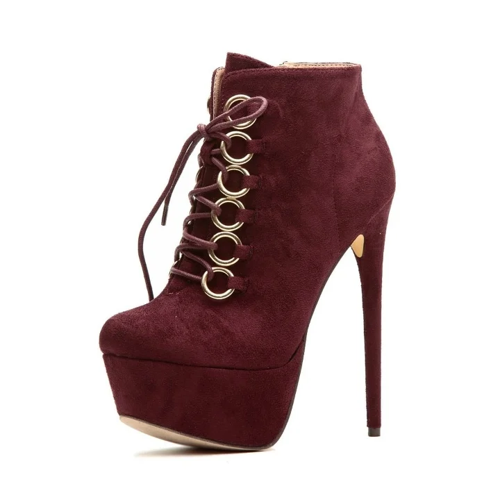 Burgundy Platform Lace-up Stiletto Heel Ankle Boots Vdcoo