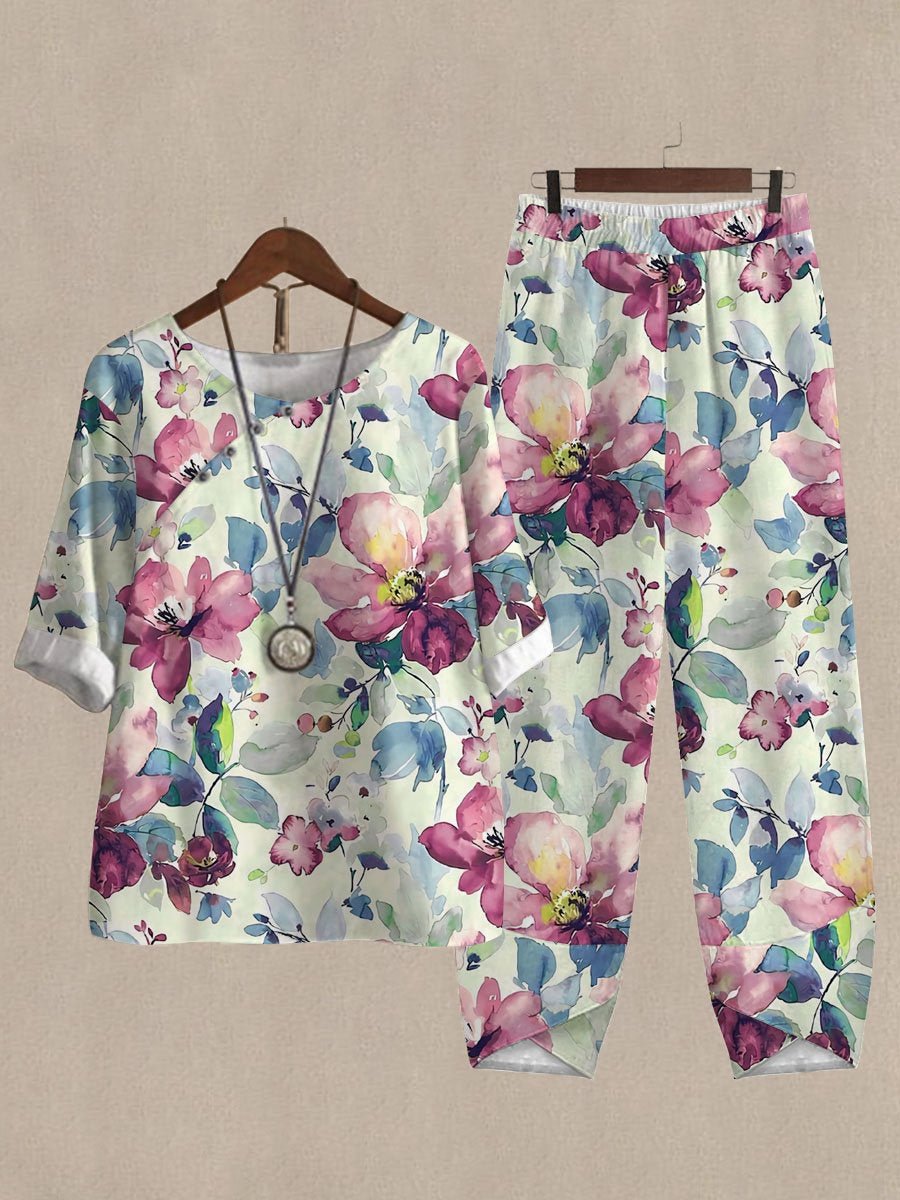 Watercolor Botanical Print Top And Pants Two-piece Suits