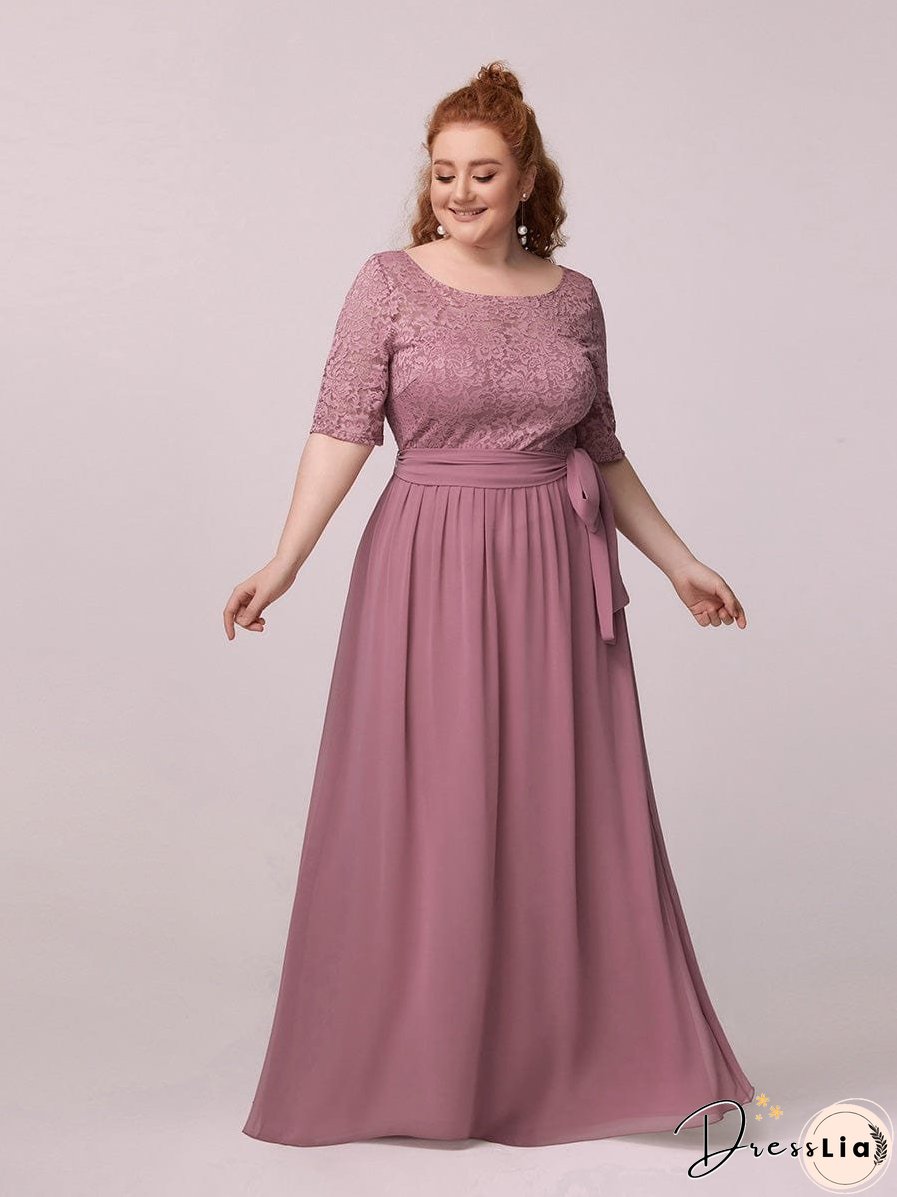 Sophisticated Lace Bodice Chiffon Maxi Evening Gown with Belt for Elegant Occasions