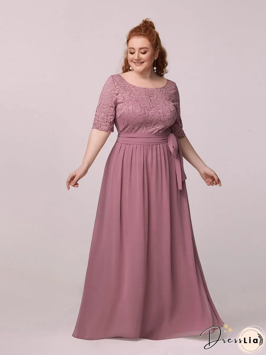 Sophisticated Lace Bodice Chiffon Maxi Evening Gown with Belt for Elegant Occasions