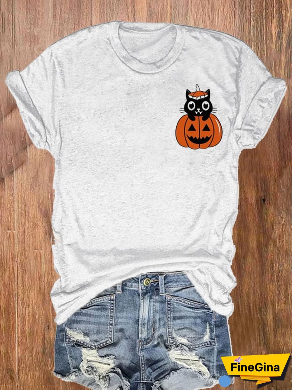 Women's Pumpkin Cat Halloween Printed Short Sleeve T-Shirt