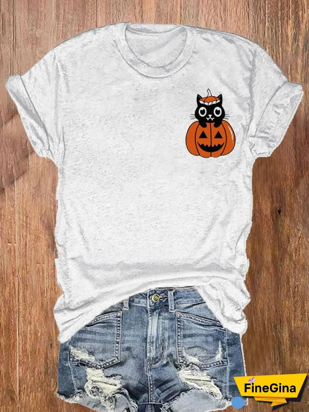 Women's Pumpkin Cat Halloween Printed Short Sleeve T-Shirt