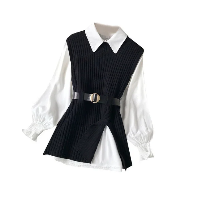 Churchf Churchf Design Sense Slit Knit Vest Shirt Foreign Style Reduced Age Two Suit Spring New White Shirt Jacket Female