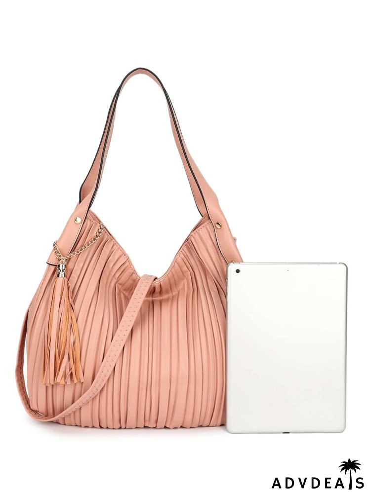 Chain & Tassel Decor Pleated Shoulder Tote Bag