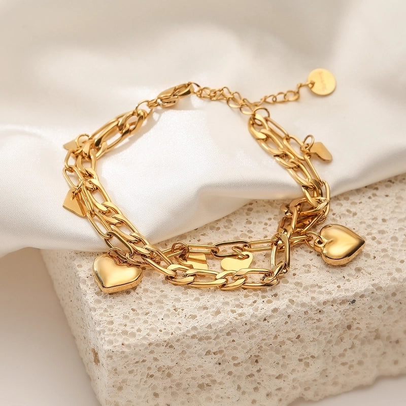Retro Minimalist Commute Heart Shape 304 Stainless Steel 18K Gold Plated Paperclip Chain Multi Charms Bracelet In Bulk