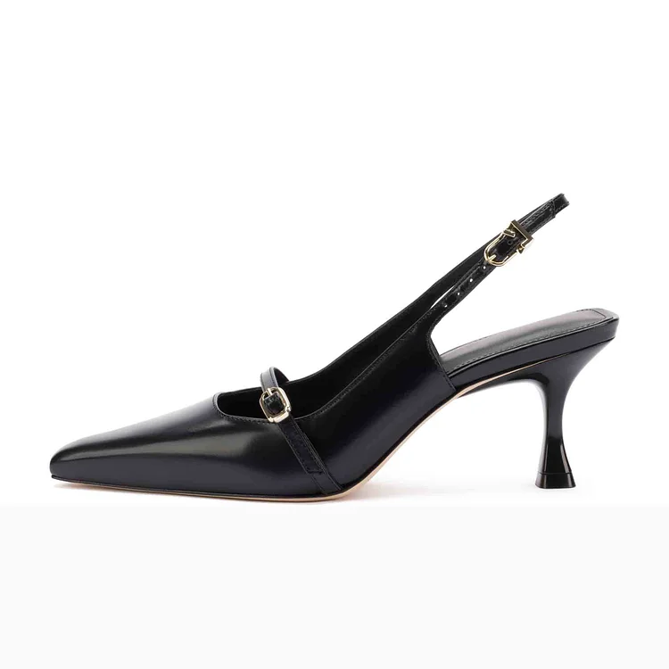 Black Pointed Toe Slingback Shoes Classic Kitten Heel Pumps |FSJ Shoes