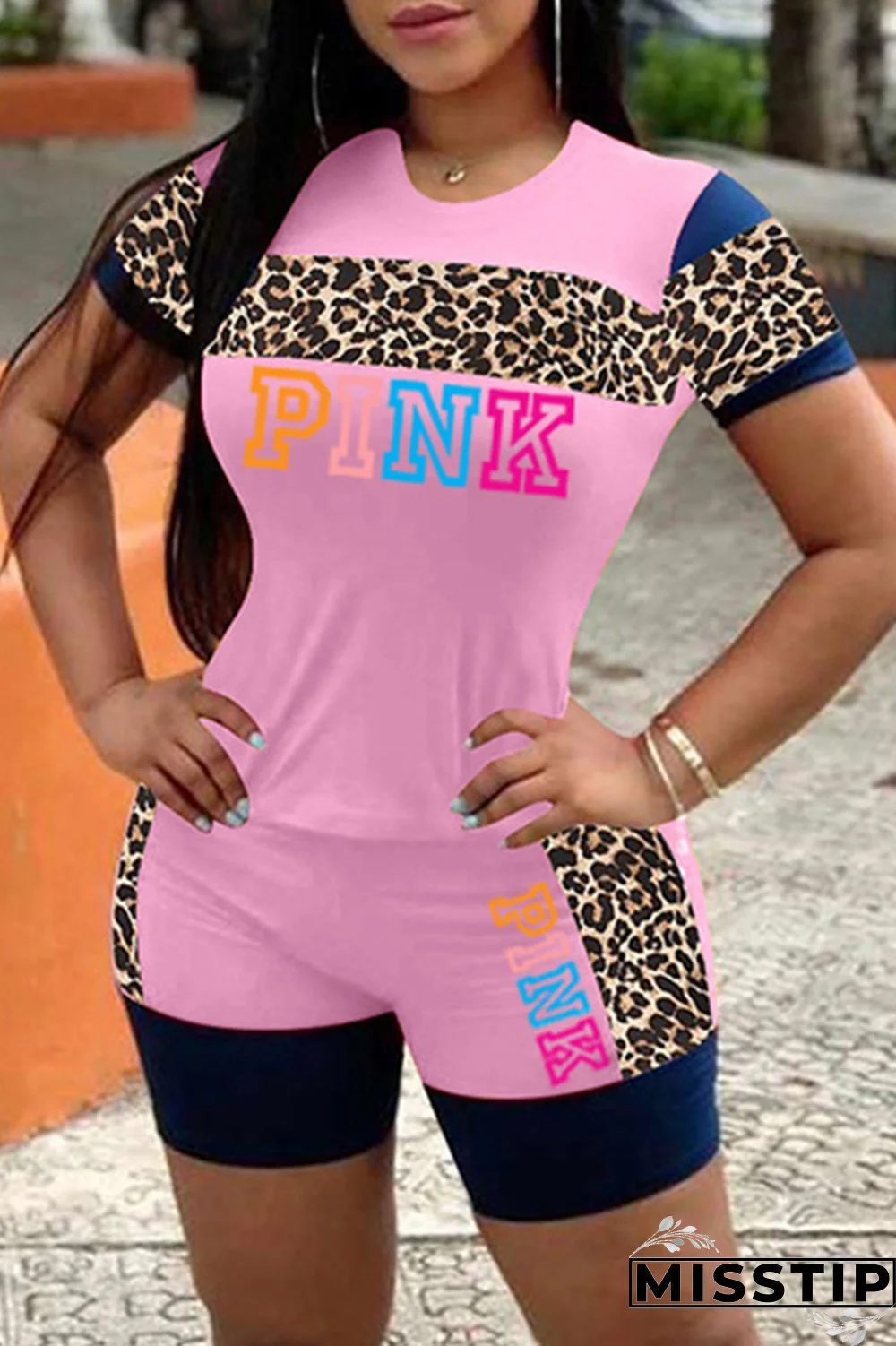 Black Fashion Casual Letter Print Leopard Patchwork O Neck Short Sleeve Two Pieces