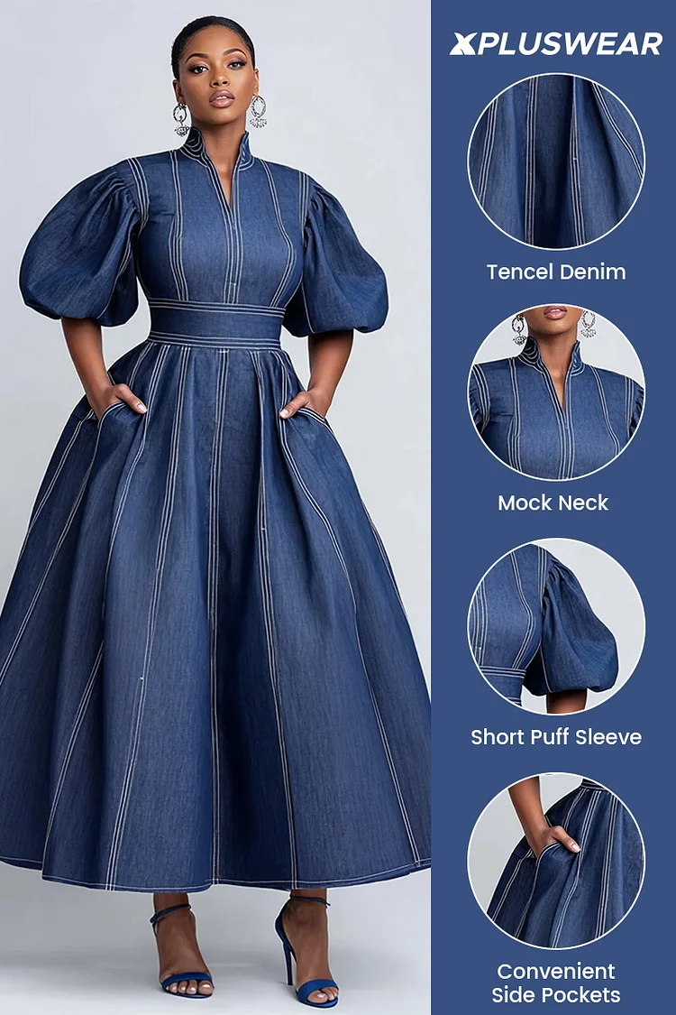 Xpluswear Design Plus Size Business Casual Blue Mock Neck Puff