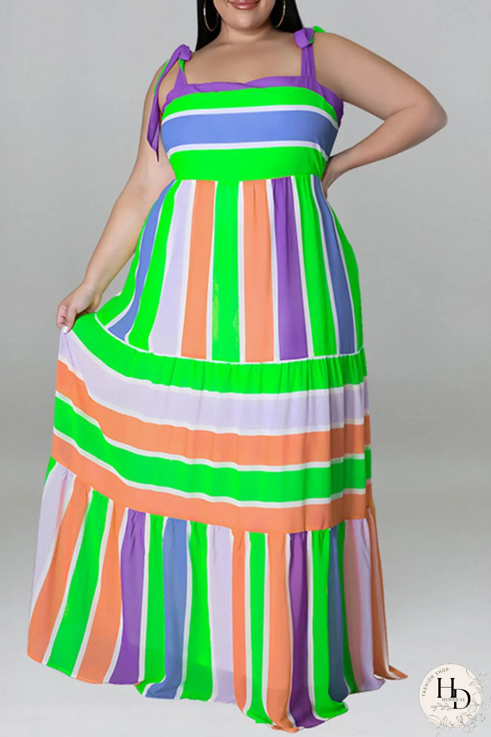Light Green Fashion Casual Plus Size Print Bandage Backless Spaghetti Strap Long Dress