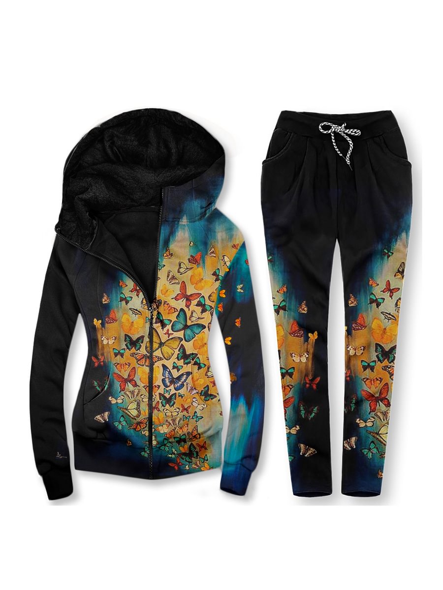 Women's Butterfly Print Zip Hoodie Set