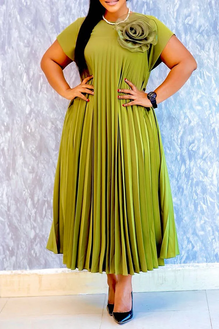 Plus Size Business Casual Green Elegant Round Neck Short Sleeve 3D Pleated Midi Dresses [Pre-Order] 2024 - Xpluswear