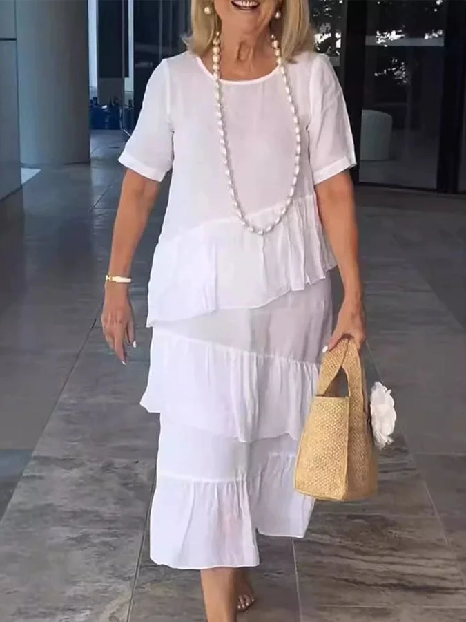 Women's Casual Solid Color Round Neck Short Sleeve Ruffle Dress