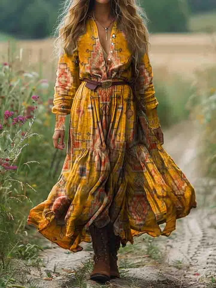 Women's Ethnic Floral Art Print Pocket Cotton Dress