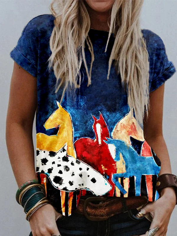 Colorful Horses Art Pattern Comfy T Shirt