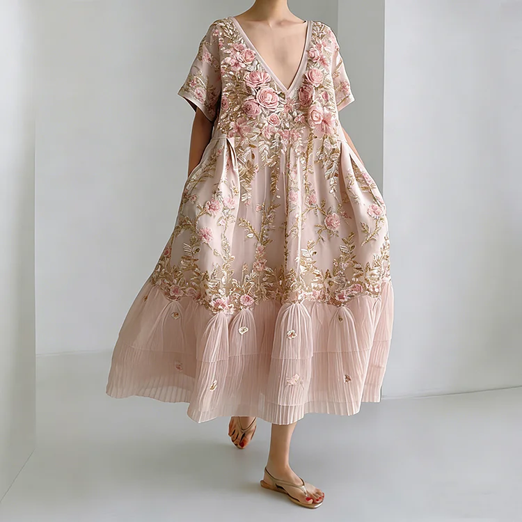 Women's Vintage Rose Floral Casual Linen-blend V-neck Dress
