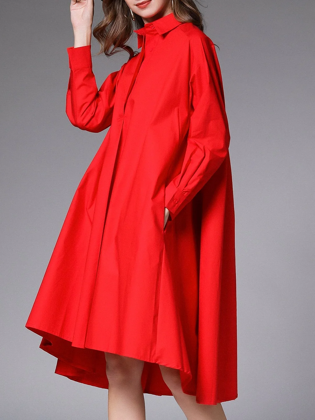 Pockets Shirt Collar Casual Midi Dress