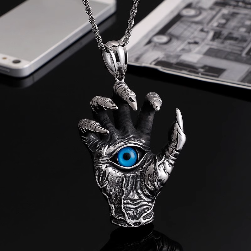 Stainless Steel Men's Skull Hand Pendant with Blue Eyes
