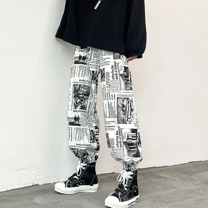 Woherb Harajuku Men's Harem Pants New Design Newspaper Printing Elastic Waist Loose Tapered Joggers Man Fashion Streetwear Clothing