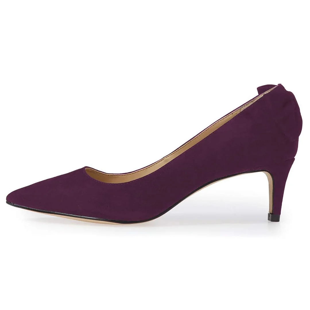 Purple Vegan Suede Back Bow Pointed Toe Kitten Heel Pumps for Women