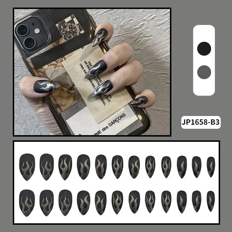 24PCS Dark Punk False Nails with Glue Gradient Long Detachable Fire Dragon  on Nails Skull Flame Art DIY Fashion Manicure Tool-Nail Inspo