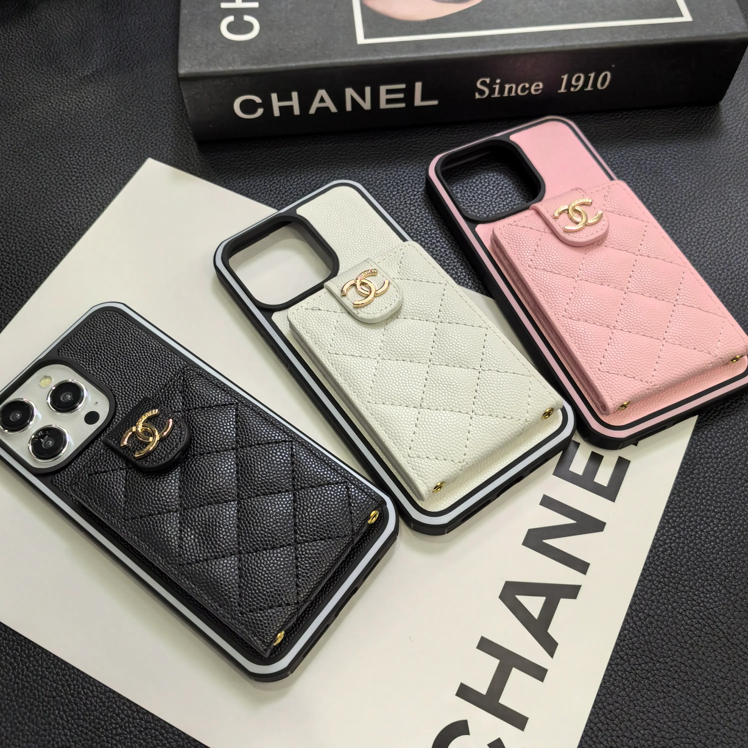 Luxurious Lambskin Chanel Button Card Holder iPhone Case Crossbody