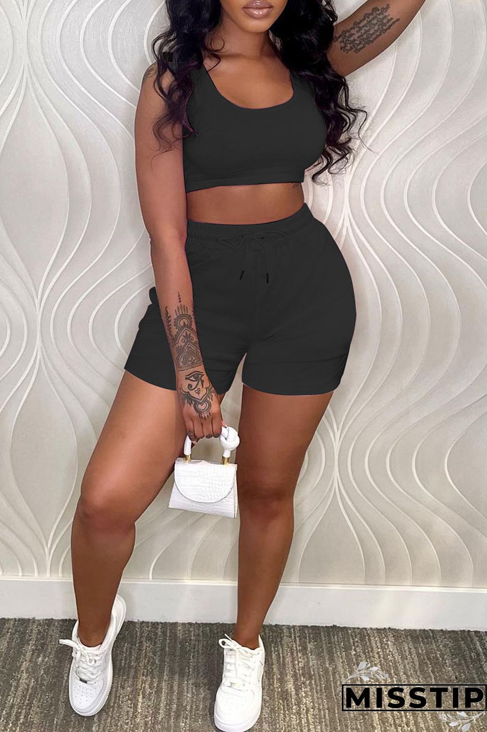 Black Sportswear Solid Patchwork U Neck Sleeveless Two Pieces