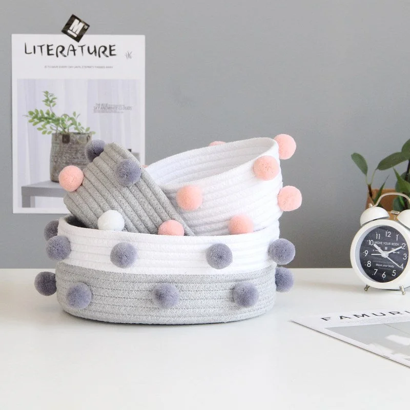 INS Pompom Cotton Rope Storage Baskets Handmade Woven Dirty Clothes Laundry Basket Kids Toys Desktop Sundries Organizer Hamper