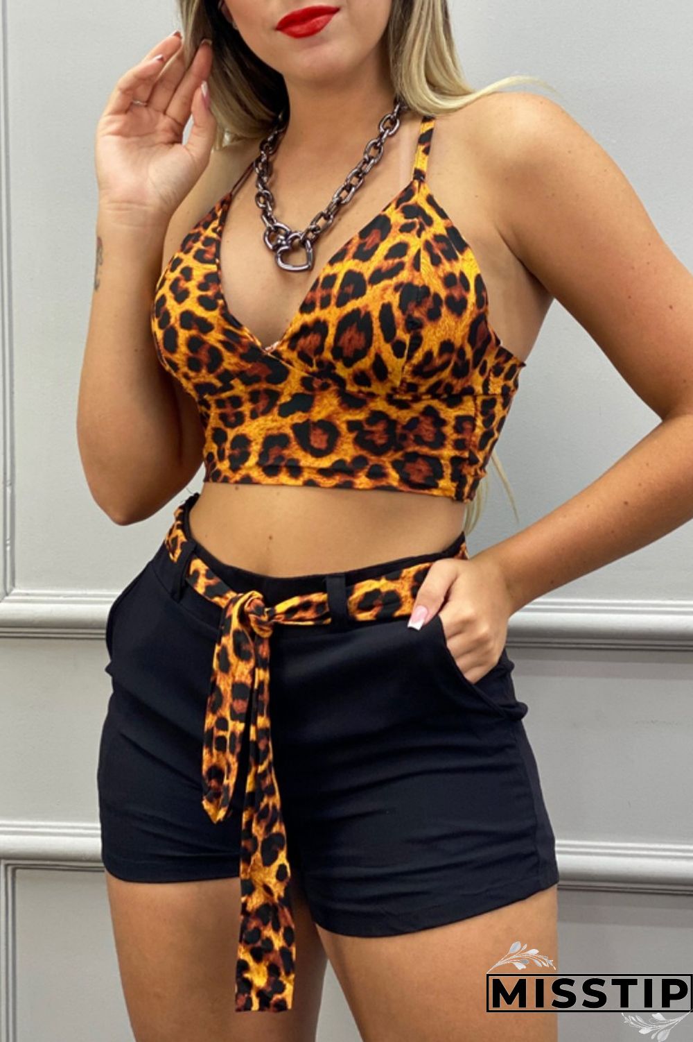 Brown Sexy Casual Print Leopard Backless Spaghetti Strap Sleeveless Two Pieces