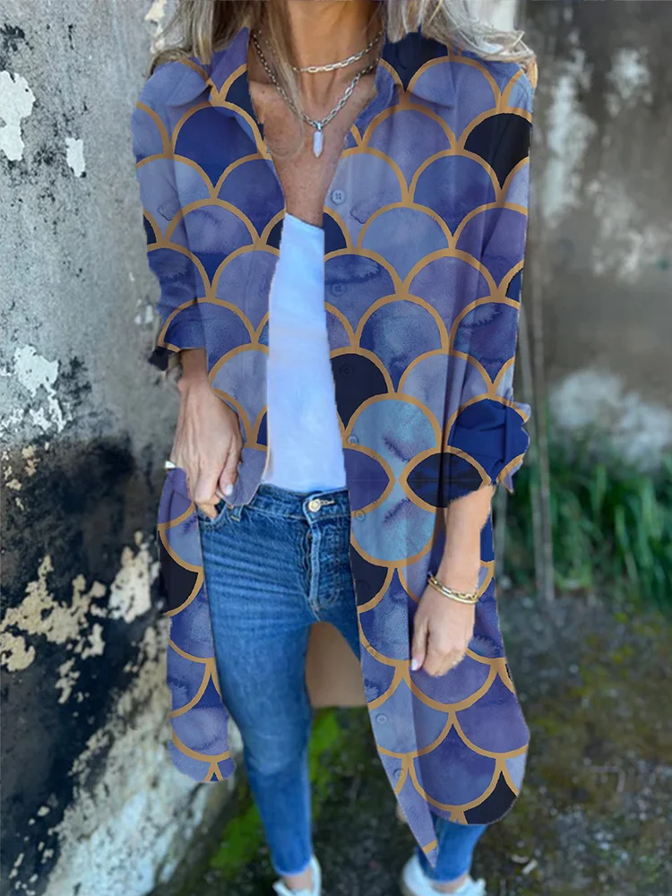Geo Print Lapel Collar Women Shirt Loose Casual Coat