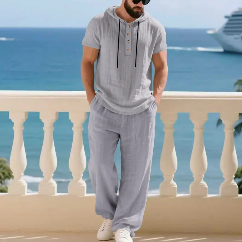Men’s Summer Short Sleeve Shirt Set Lightweight Premium Linen Hooded Shirt & Loose Straight-Leg Pants Set