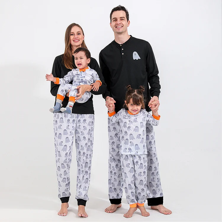 Halloween Black & White Cartoon Ghost Print Family Matching Halloween Pajamas Set