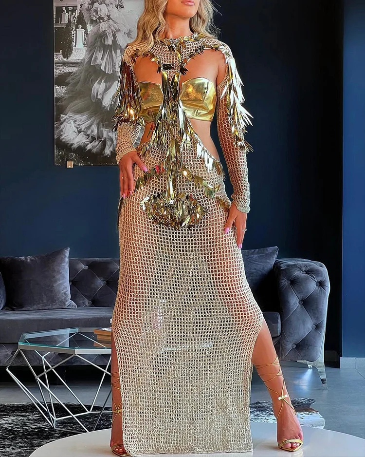 Women's Long Sleeve Braided Hollow Sequin Dress