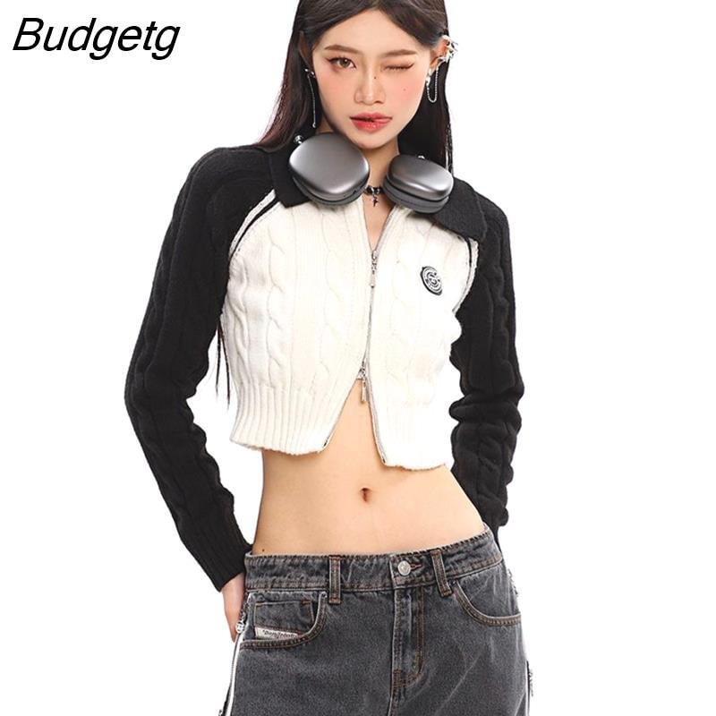 Budgetg Short Sweater Women Autumn Knitted Sweater Coat Zip Up Cardigans Retro Harajuku Kawaii Jumpers Crop Top