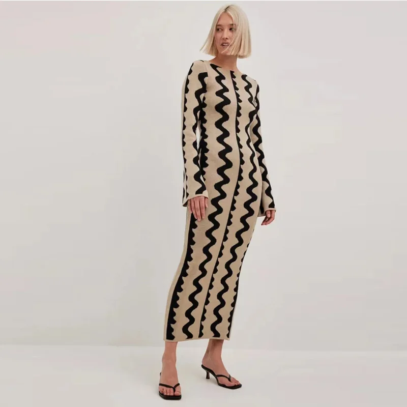 Huibahe Stripe Wave Maxi Long Dress Women 2023 New Fashion Elegant Bodycon Dress Ladies Sexy Slim Flare Sleeve Dress Party Dress